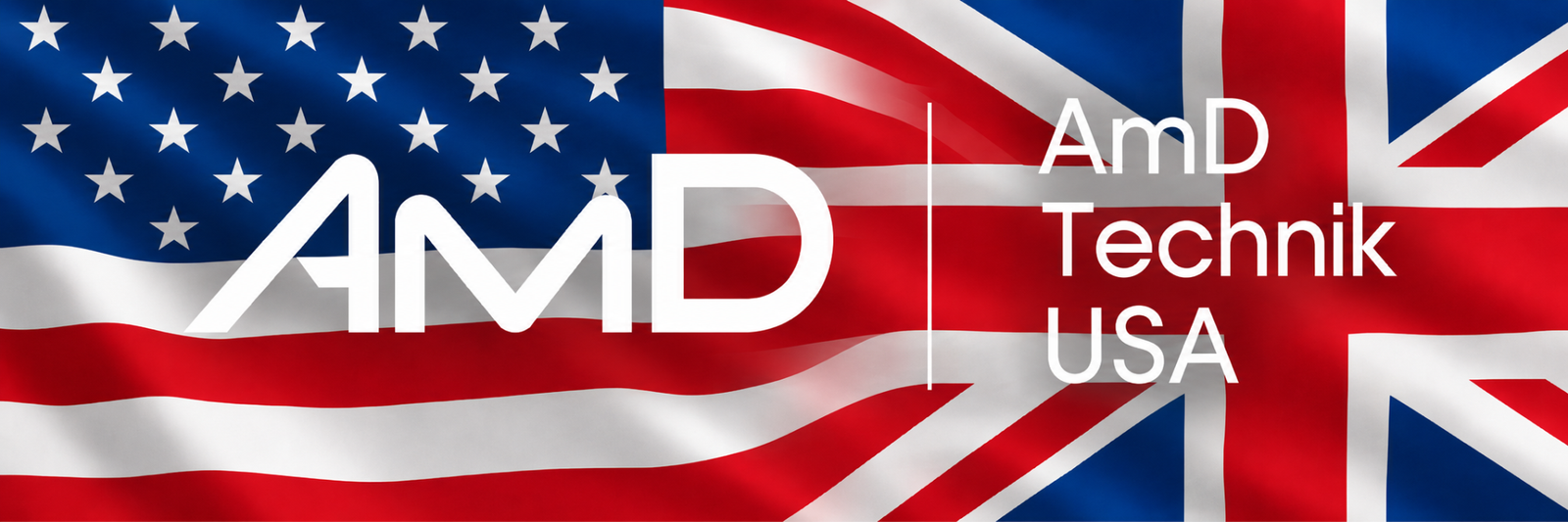 AmD Technik USA logo over US and UK flag banner